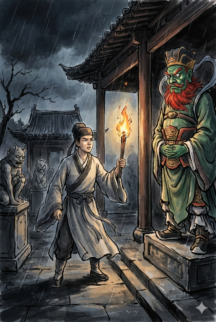 Lu Pan, the underworld judge, in a night temple.