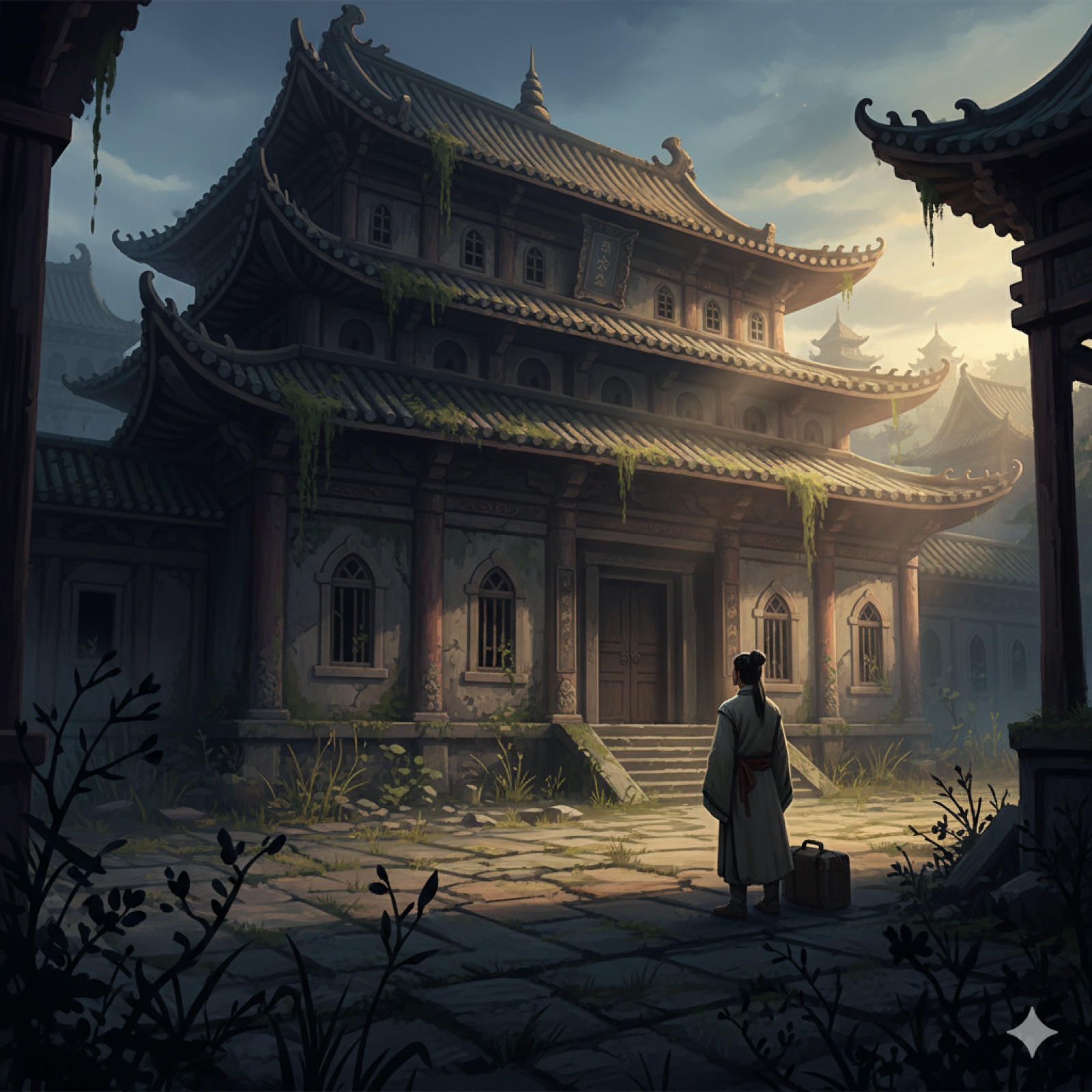 Ning Caichen pauses outside the overgrown temple as Xiaoqian pleads for shelter