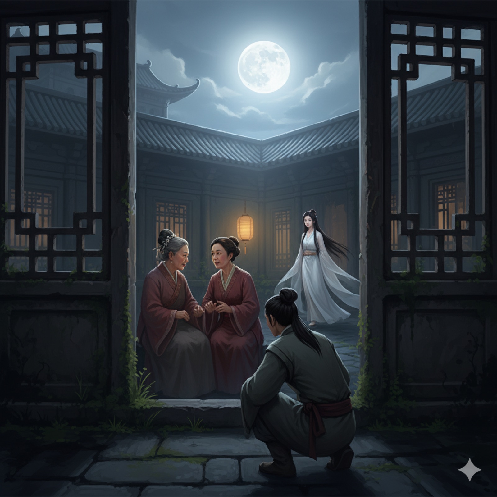 Ning Caichen crouches beneath a moonlit window overhearing the old matron and Xiaoqian's keeper