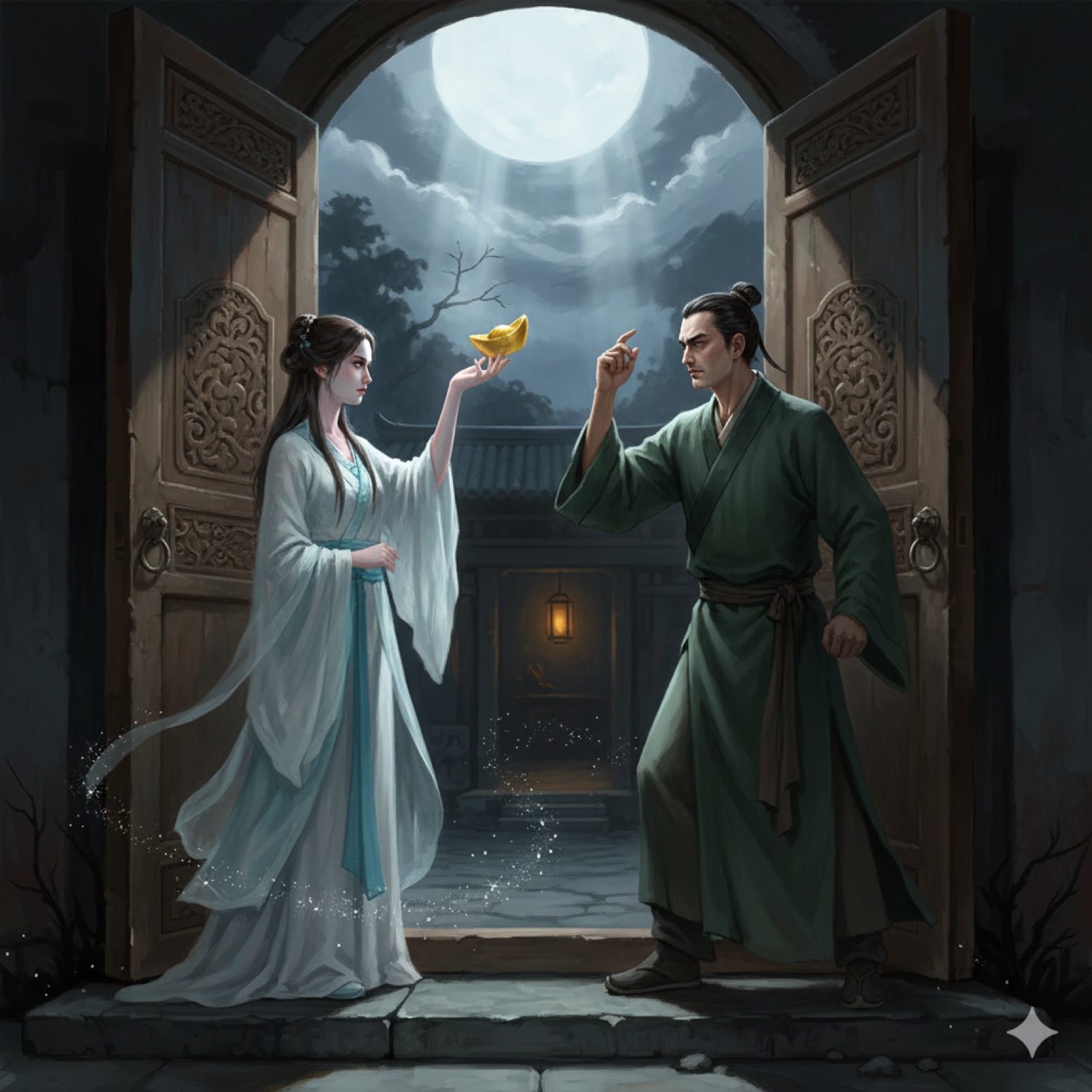 Nie Xiaoqian offers a gold ingot at Ning Caichen's doorway under moonlight