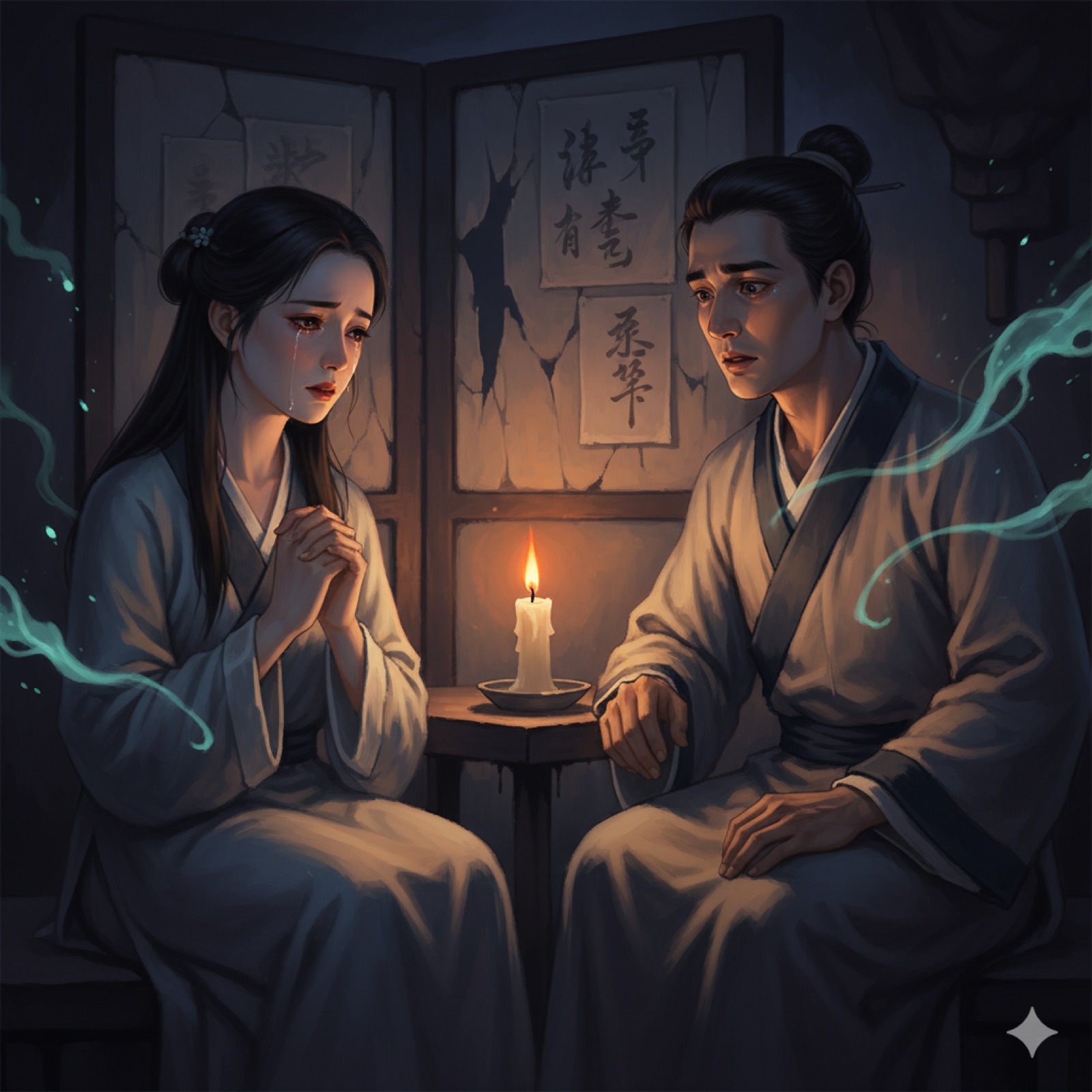Nie Xiaoqian confesses by candlelight, tears catching the glow as she reveals the demon's coercion