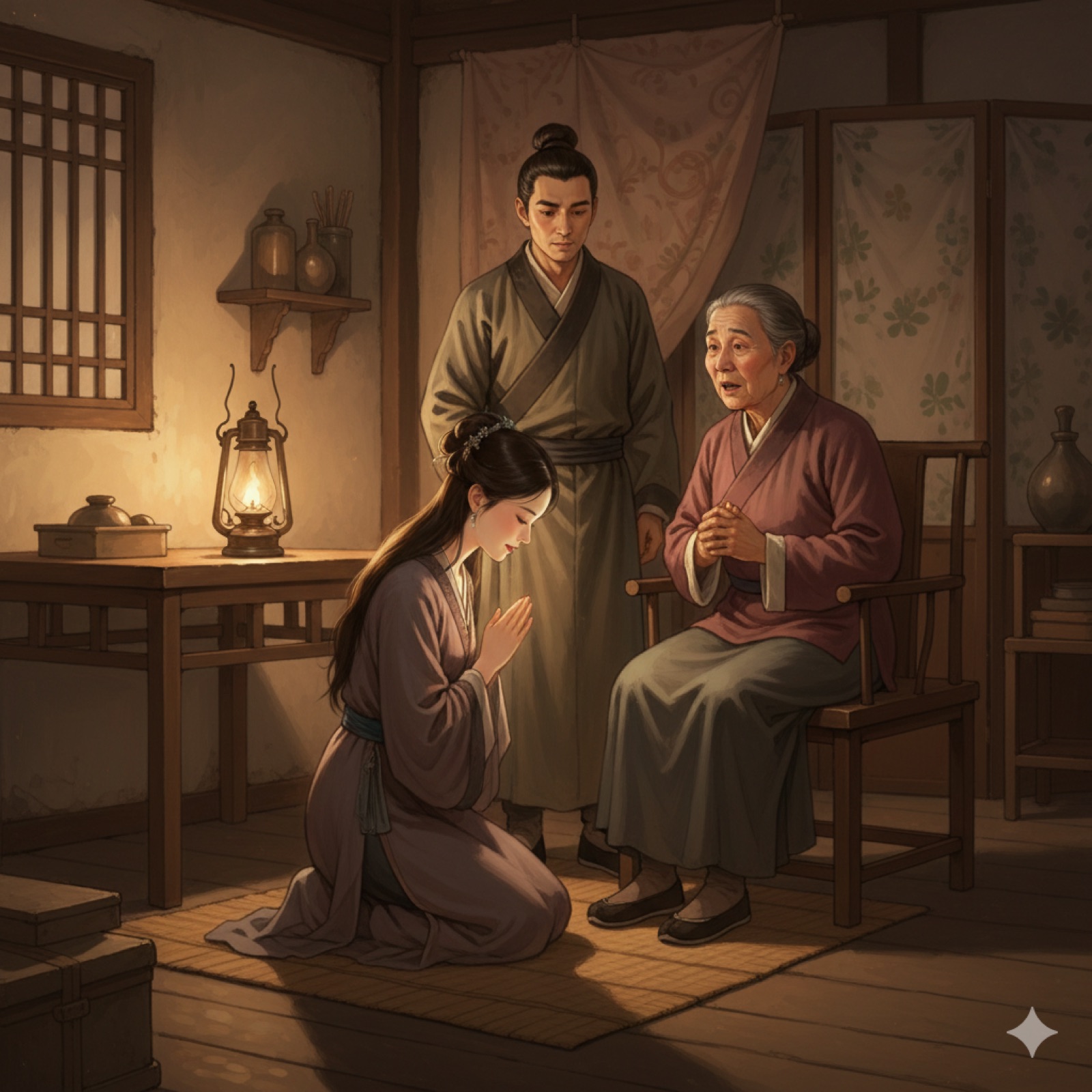 Nie Xiaoqian kneels before Mother Ning, hands folded respectfully within the Ning household
