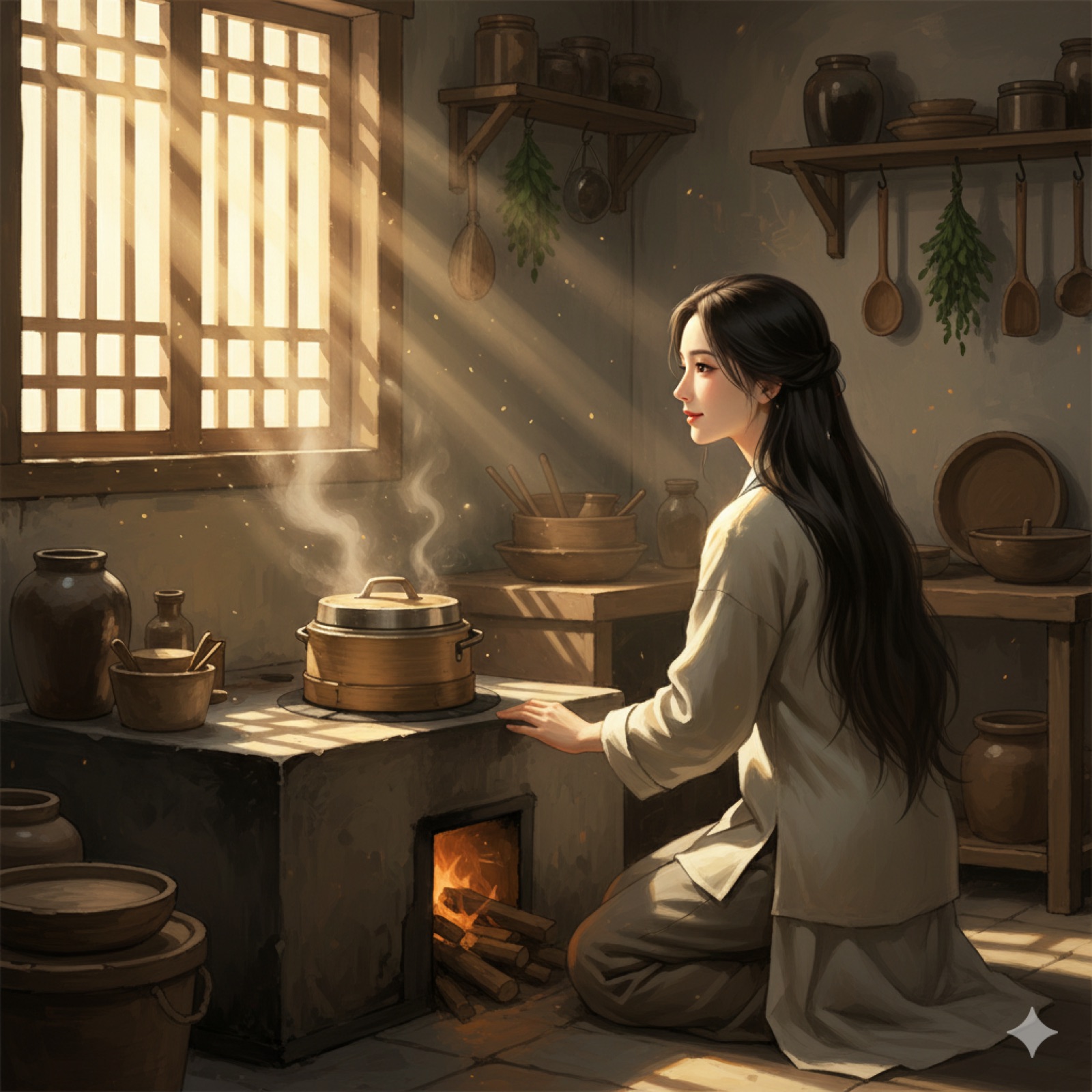 Xiaoqian tends the Ning household kitchen, sleeves rolled as she prepares a meal