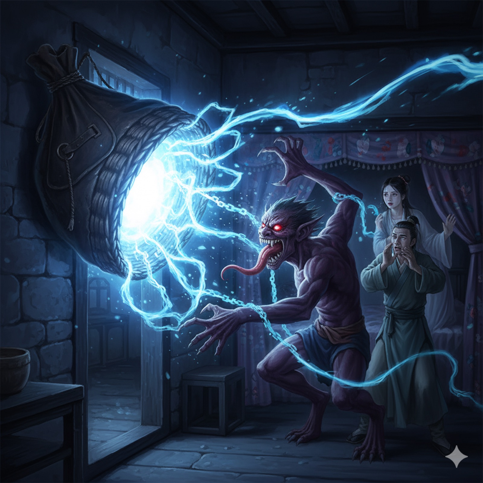 The enchanted leather sword bag expands and swallows the yaksha lunging at Ning