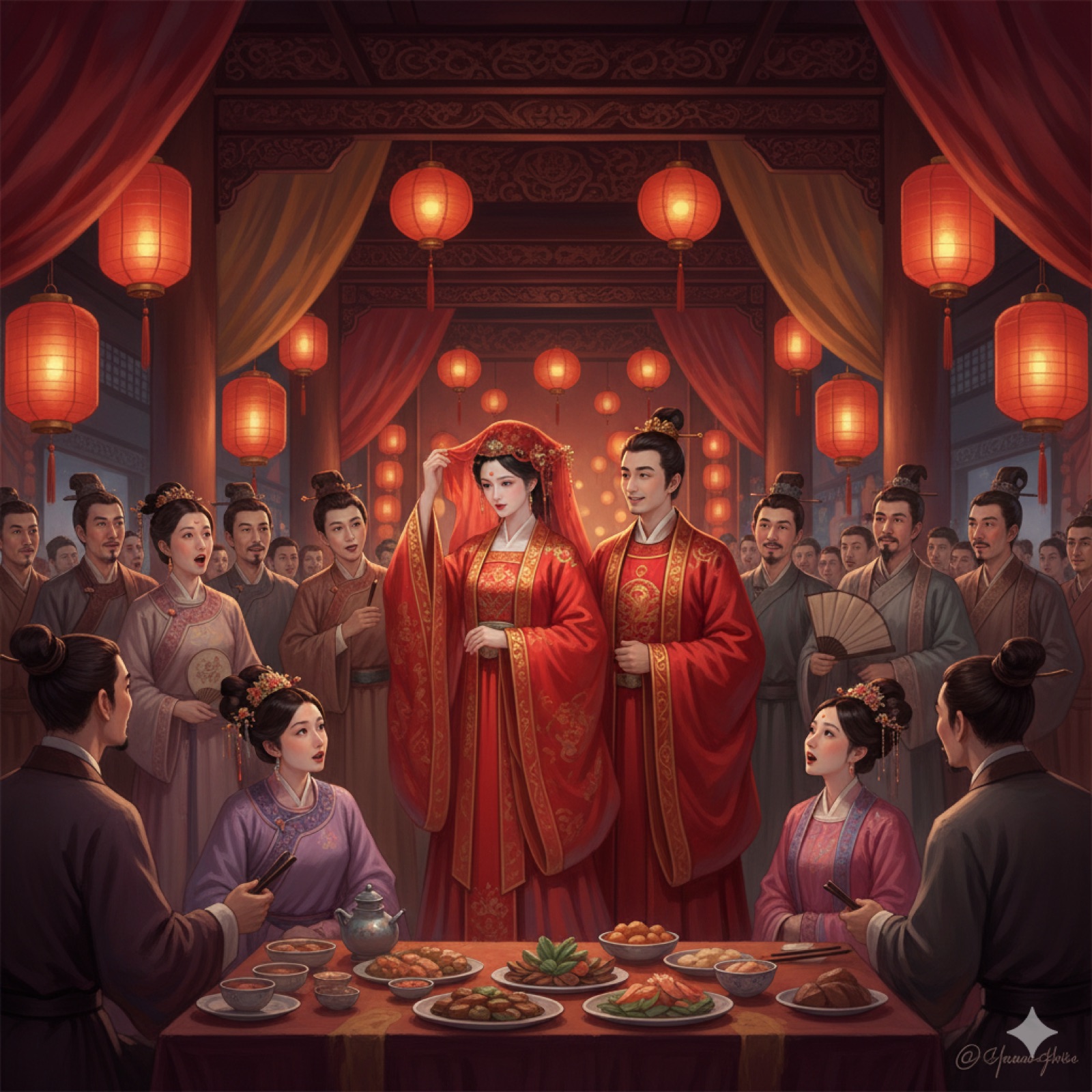 Family and guests raise cups at the Ning household wedding banquet welcoming Xiaoqian