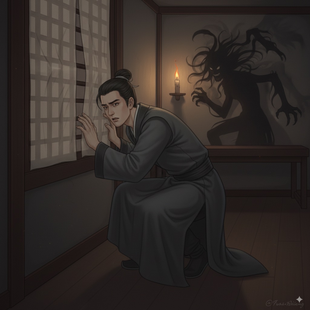 Scholar witnessing the demon painting a human skin