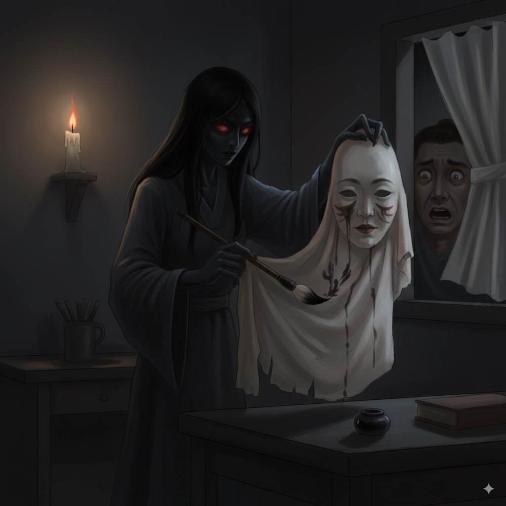 Demon painting the human skin in the Painted Skin story