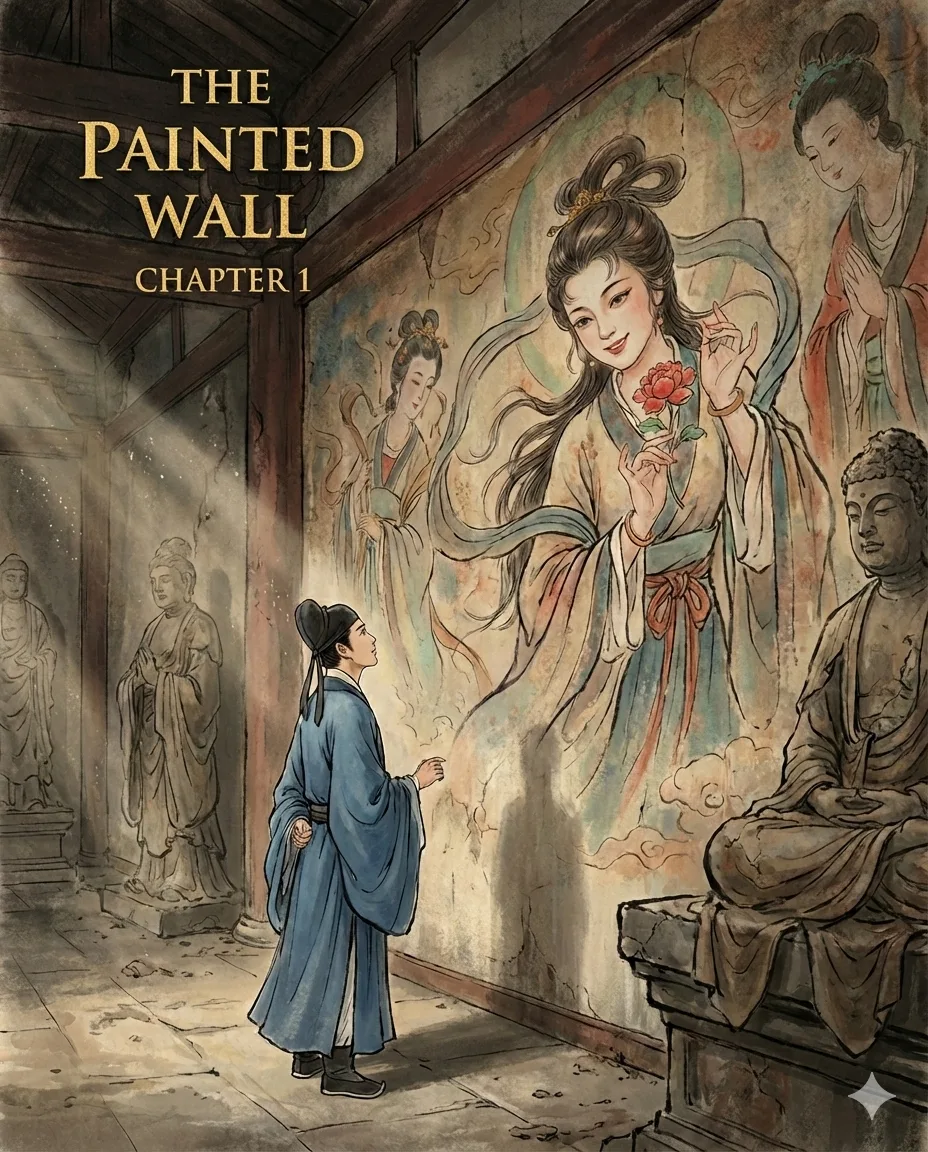 Scholars in a temple gaze at a mural of celestial maidens.