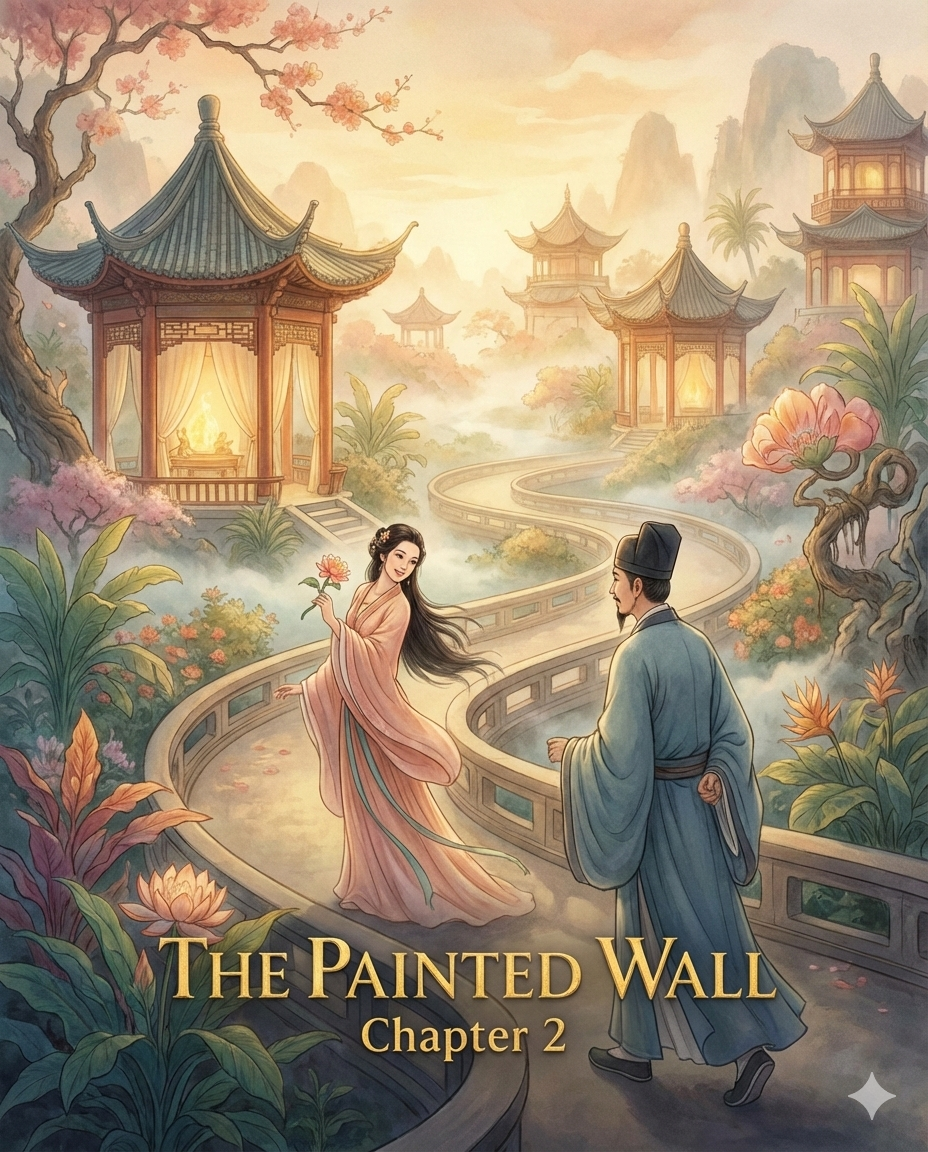 A scholar steps into the painted court as a maiden beckons.