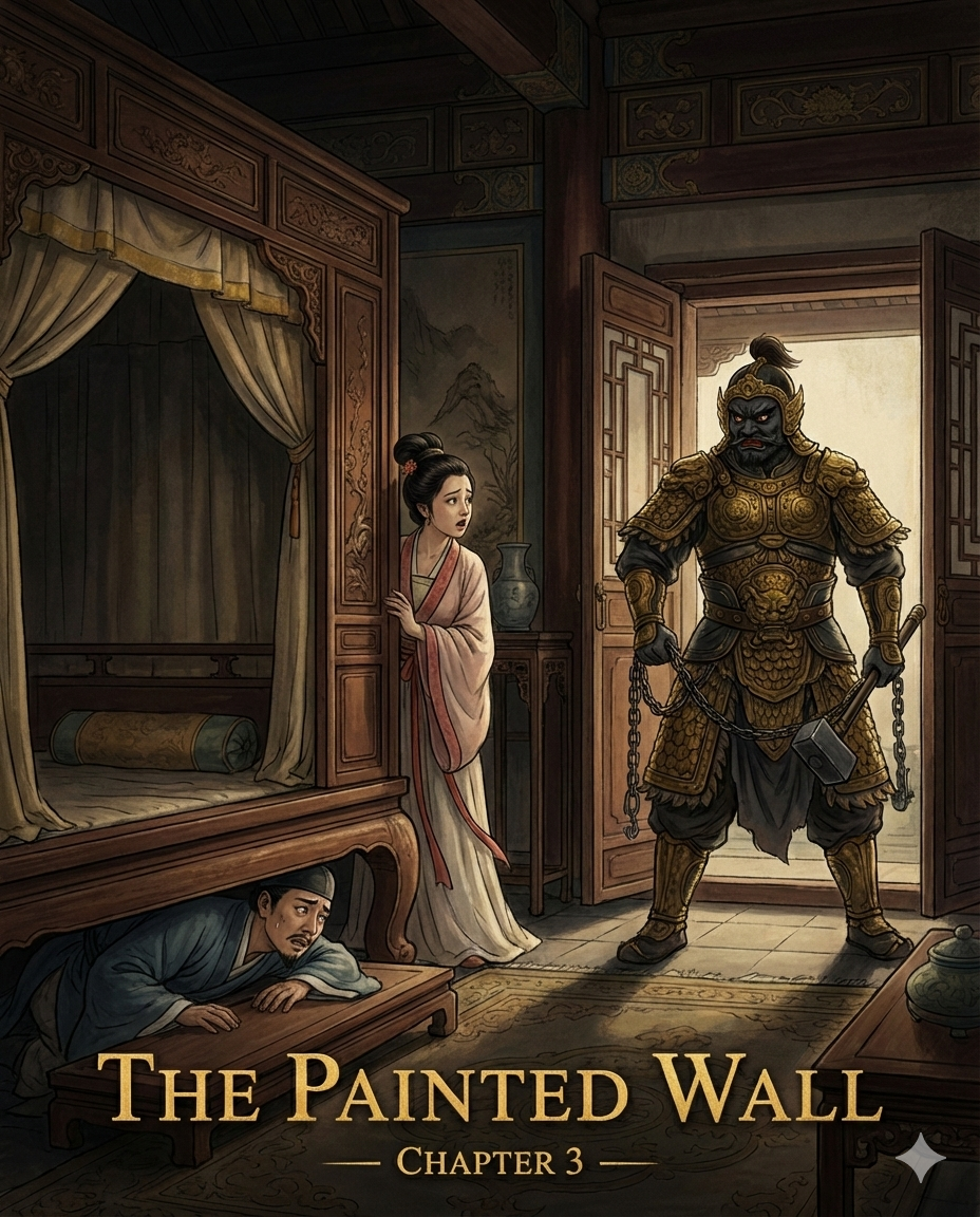 A gold-armored envoy searches the painted chamber.