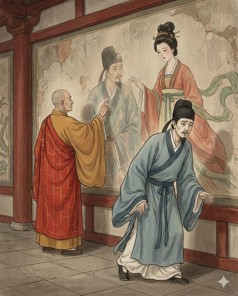 A monk calls to a scholar whose image appears on the wall.
