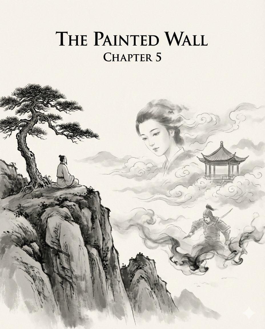 Ethereal mist and temple silhouettes suggest illusion.