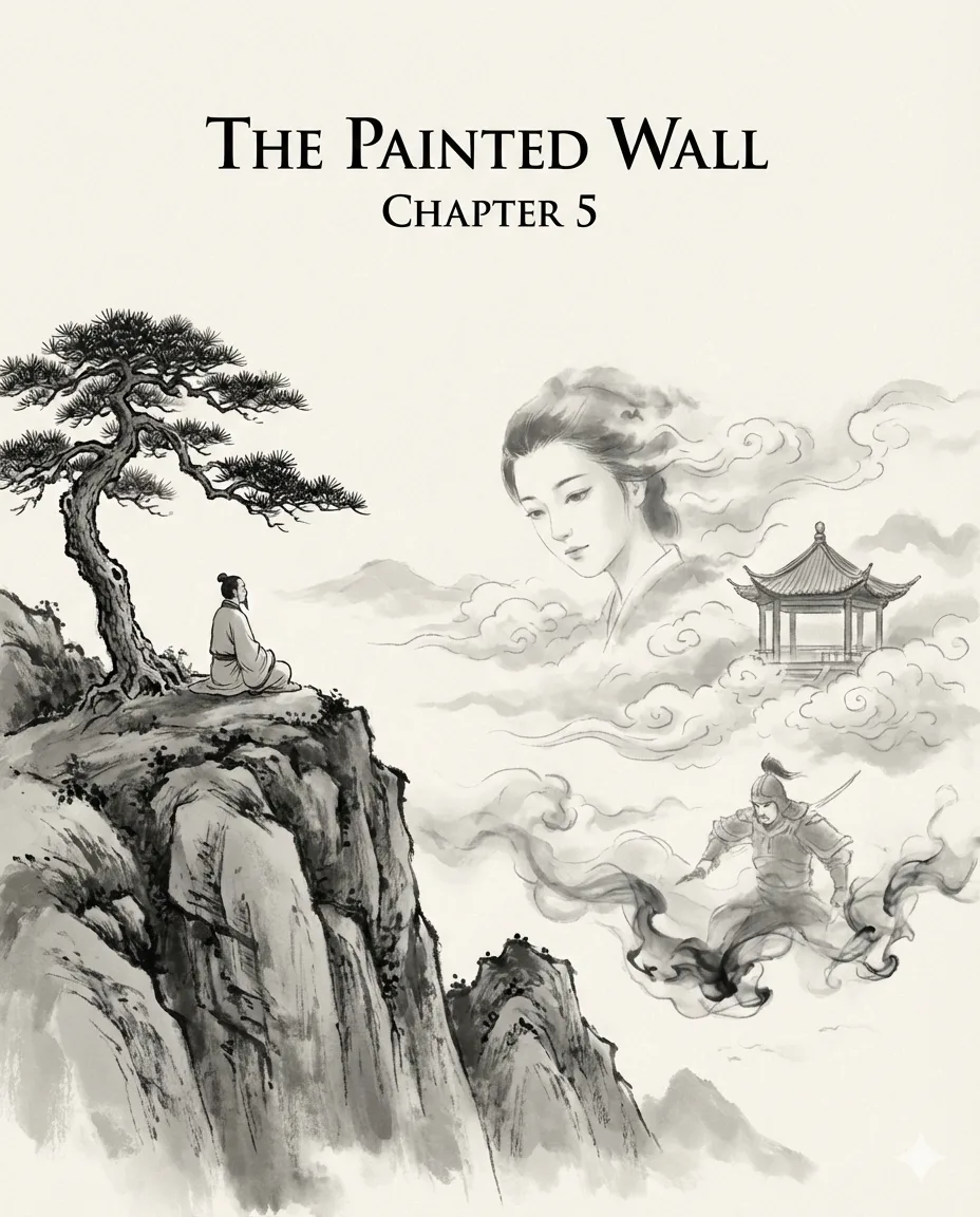 Ethereal mist and temple silhouettes suggest illusion.