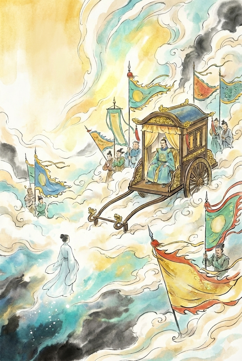 A ghostly escort leads Xi Fangping toward a celestial procession.