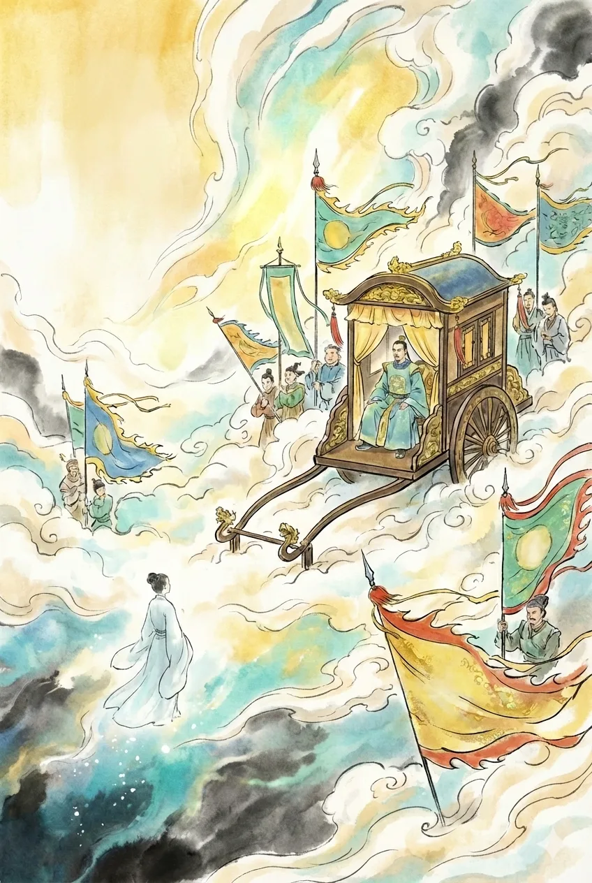 A ghostly escort leads Xi Fangping toward a celestial procession.