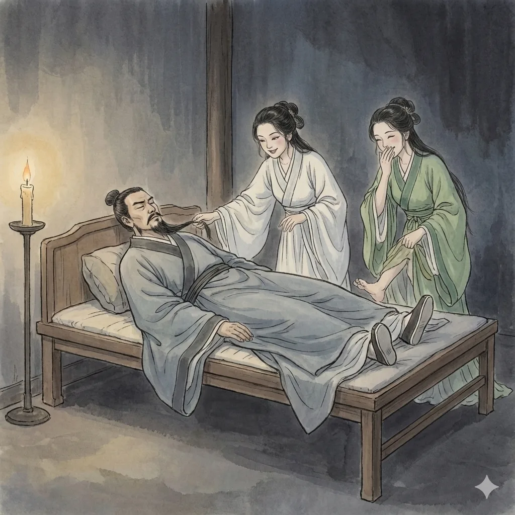 Two ghost sisters tease the scholar in the lamplit hall.