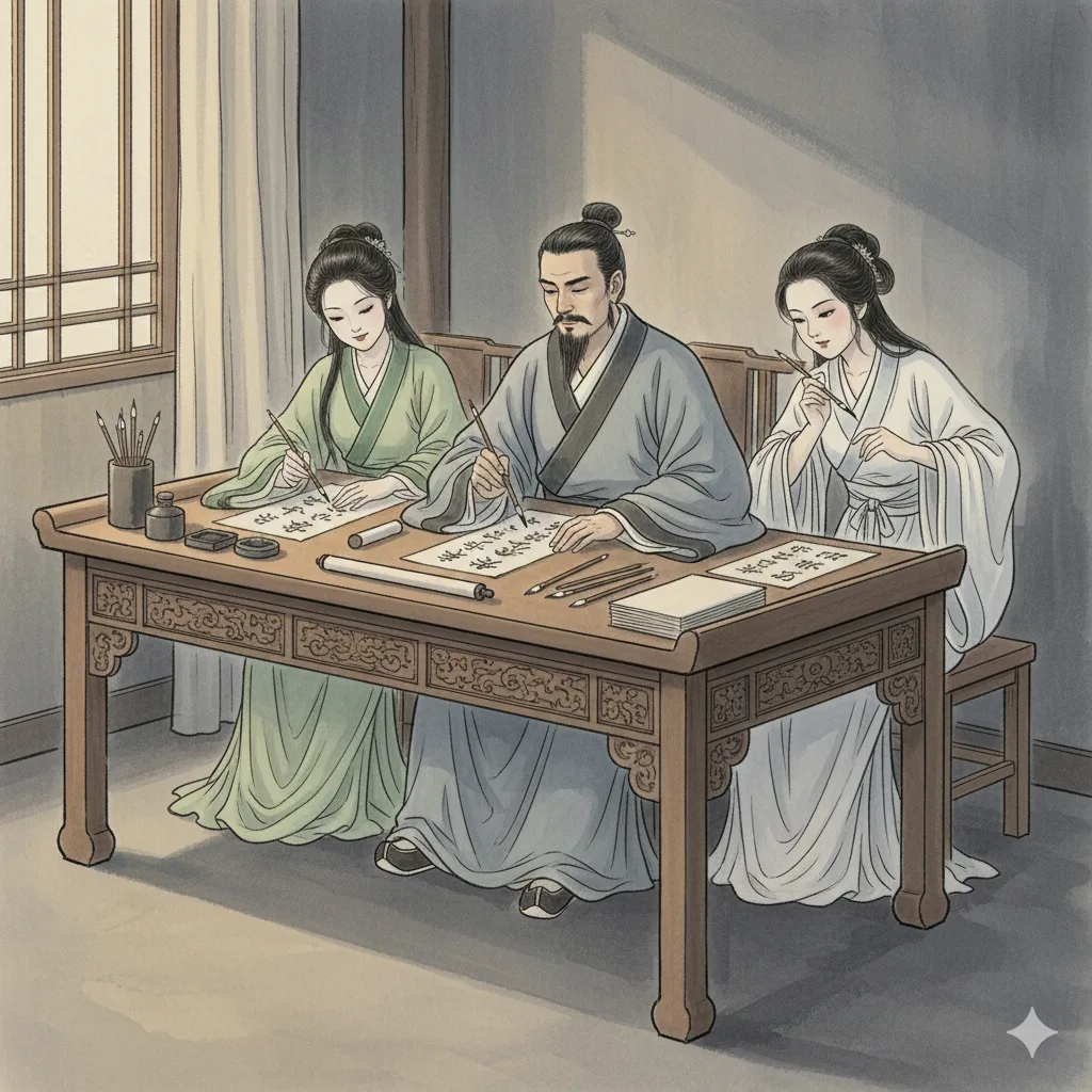 The scholar teaches the ghost sisters by lamplight.