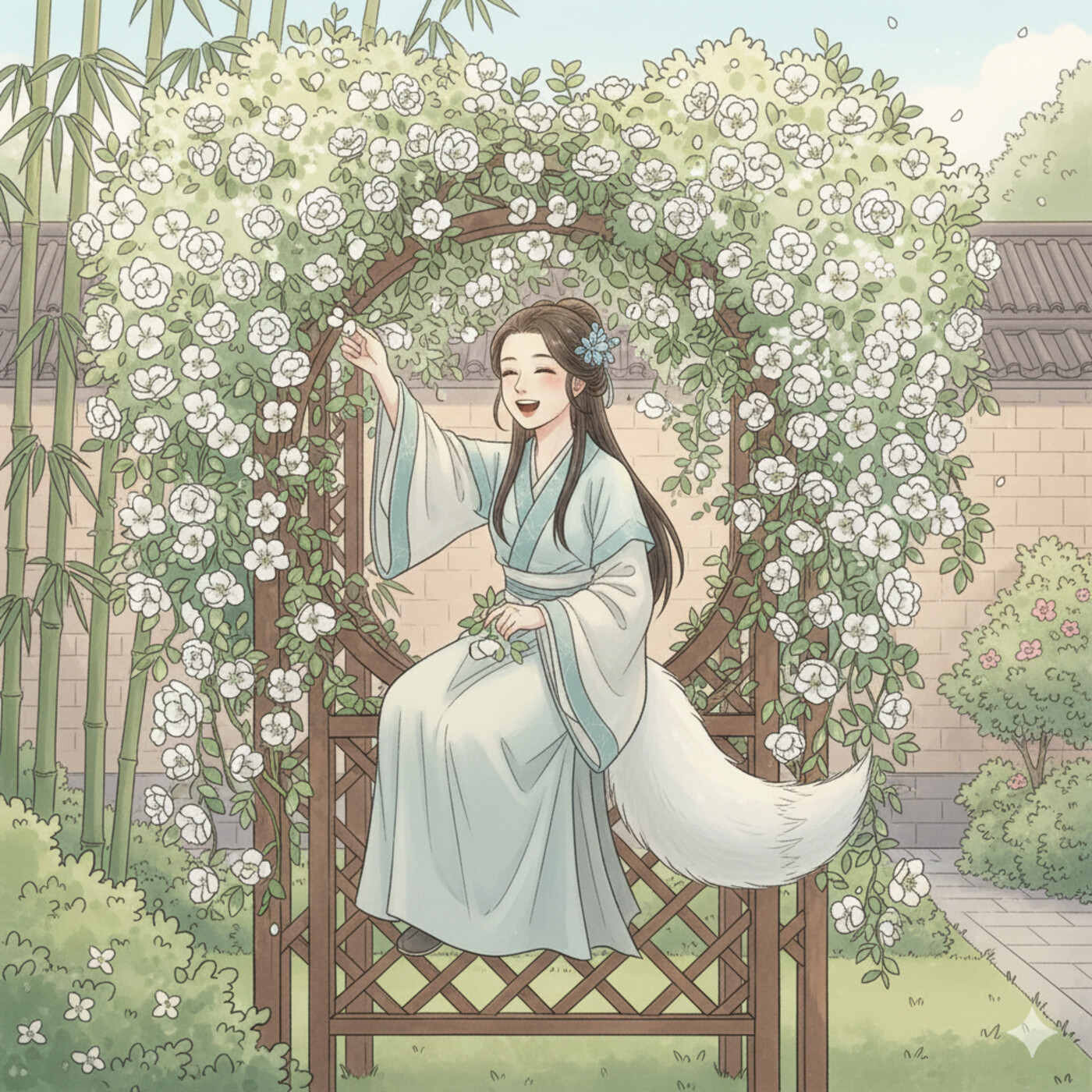Yingning laughs atop a flowered arbor while Wang Zifu reaches to steady her