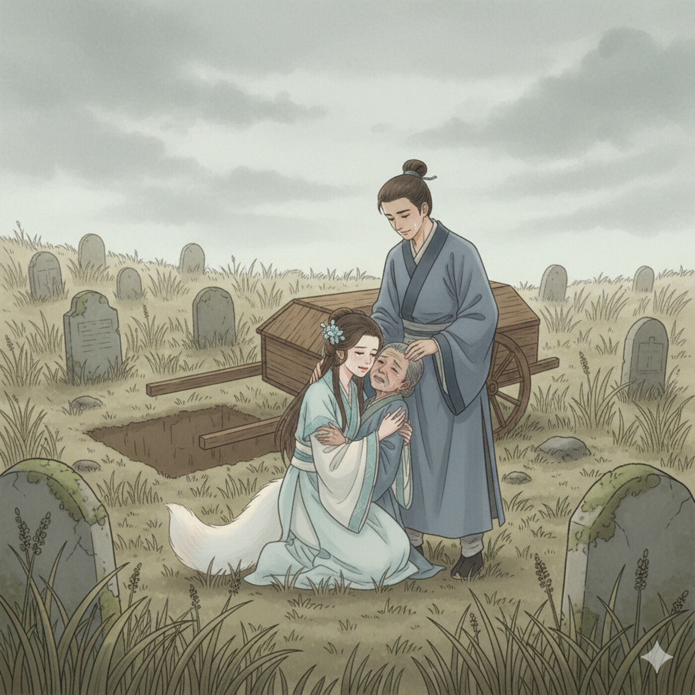 Wang Zifu and Yingning pay respects at a forest grave