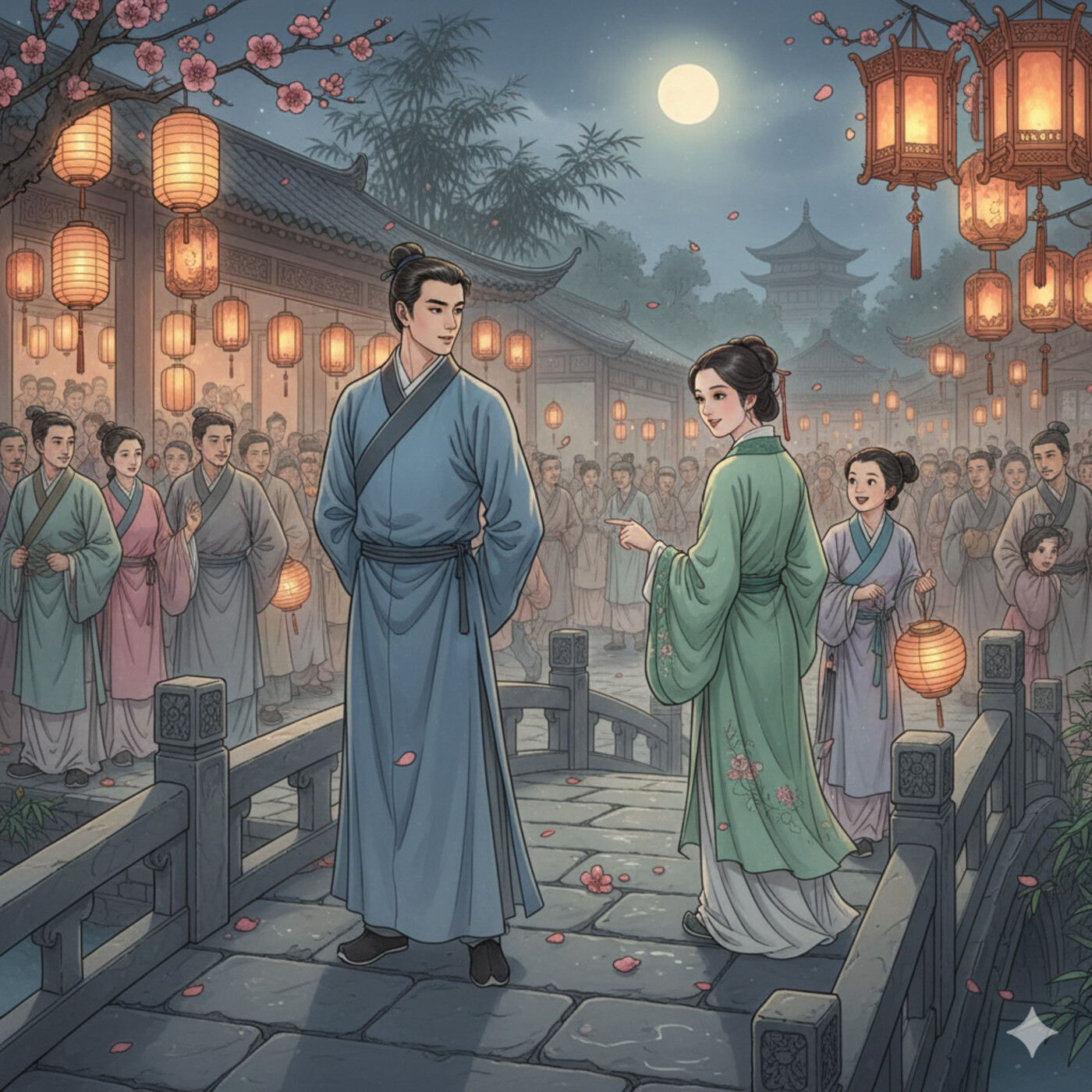 Yingning smiles beneath lantern light as Wang Zifu clutches the fallen plum blossom