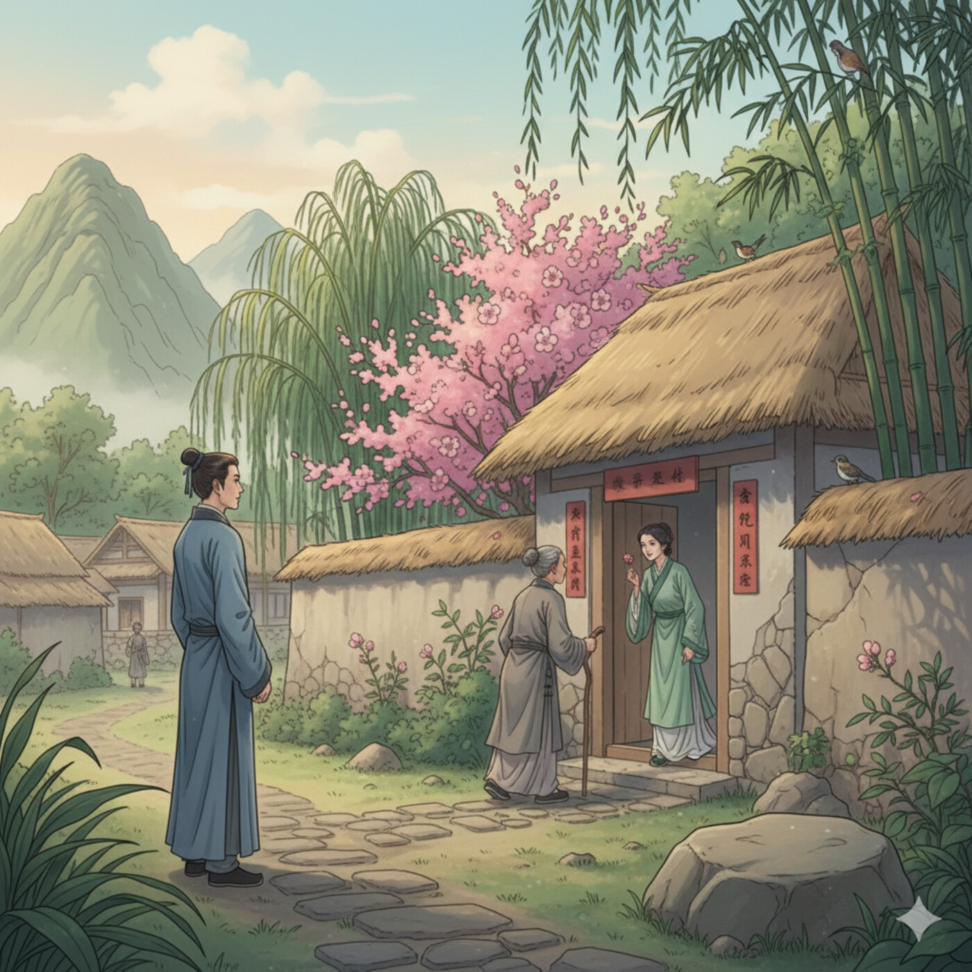 Wang Zifu approaches a willow-lined courtyard in a secluded valley