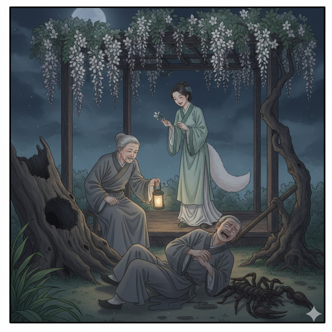 A would-be intruder collapses beside a withered log as a spectral scorpion appears